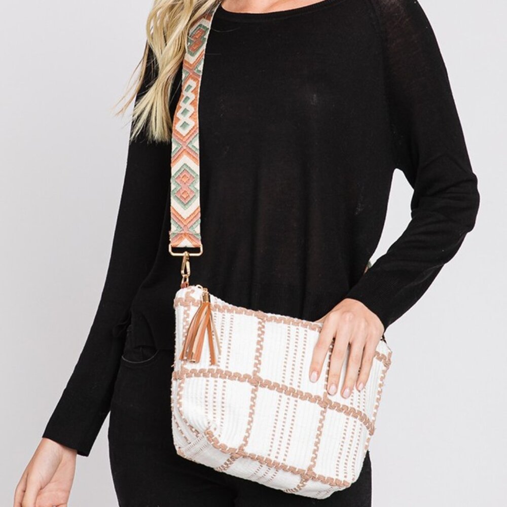 135. Checked Pattern Tassel Crossbody Bag